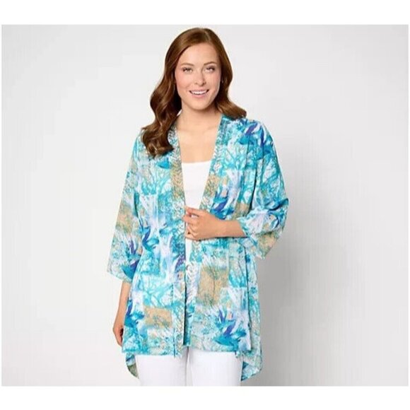 Inspired by Susan Graver Printed Chiffon Open Front Topper Deep Teal,Small - Picture 1 of 1